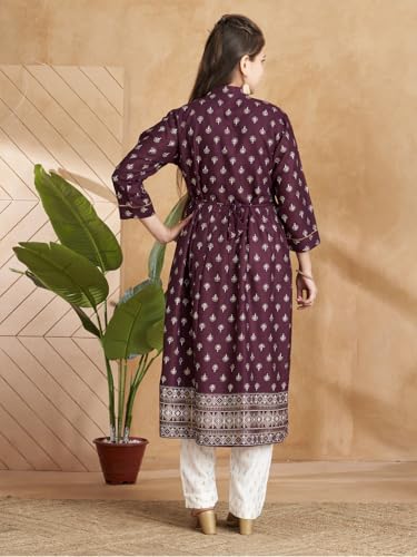 Image of Aarika Girls Ethnic Wear Wine Colour Foil Print Rayon Kurti Pant Set