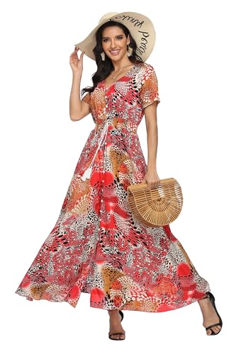 Image of VintageClothing Women's Floral Maxi Dresses Boho Button Up Split Summer Casual Long Dress Beach Party Dress