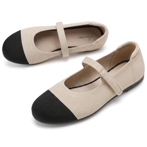 Arromic Ballet Flats for Women Round Toe Mary Jane Shoes Comfortable Dressy Women Flats Adjustable Straps Washable Knit Slip On Shoes Nude/Black