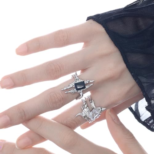 SIPENGJEL 8 Pcs Y2k Rings Sets Vintage Silver Goth Coquette Grunge Chunky Stacking Rings For Women Aesthetic Accessories Jewlery Irregular Open Butterfly Ring Gift