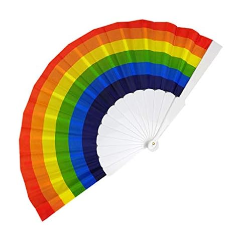 Lazzboy Hand Folding Plastic Fans Colourful Rainbow Stripes Pattern Dance Costume Party Wedding Home Decor Handheld Fan(B,23cm) Cover