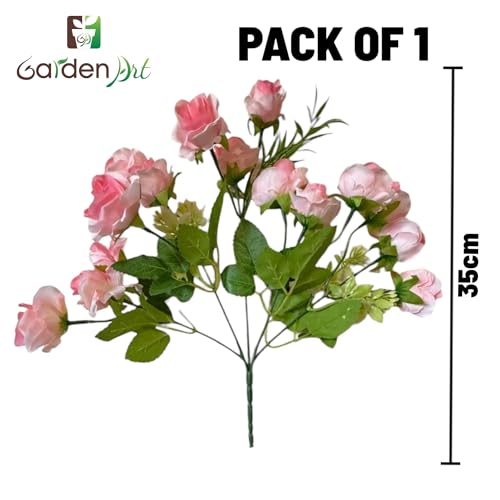 Image of Garden Art Artificial Small Rose Flower Bunch (Pack of 1) | 5 Heads with 15 Flowers & Buds, 35 cm Faux Rose Bouquet for Home Decor, Wedding & Table Decoration (Pink Shaded)