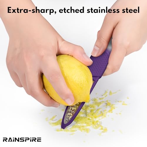 Image of Rainspire Lemon Zester Tool with Channel Knife, Stainless Steel Citrus Zester Tool, Lemon Peeler, Zesters for Kitchen, Ultra Sharp 2-in-1 Tool Easily Creates Citrus Zest, Purple