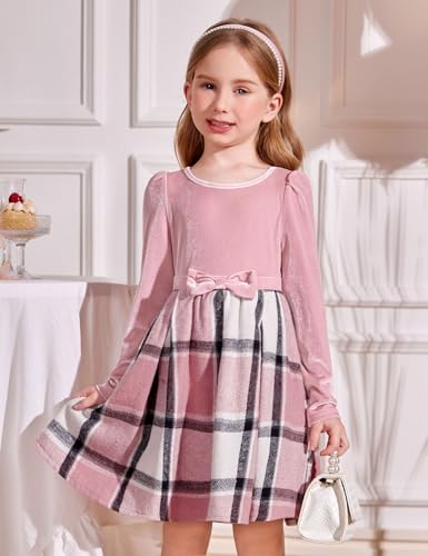Arshiner Girls Dresses Long Sleeve Velvet Plaid Patchwork Holiday Party Dress with Pockets2