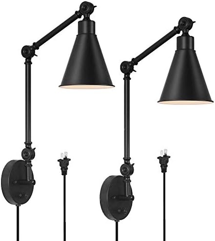 HAITRAL Swing Arm Wall Sconces 2 Pack- Modern Wall Lamps, Dimmable Lamp with Mounted Light Fixtures for Home Decor Headboard Bathroom Bedroom Farmhouse Porch Garage - Black (Bulb Not Included)