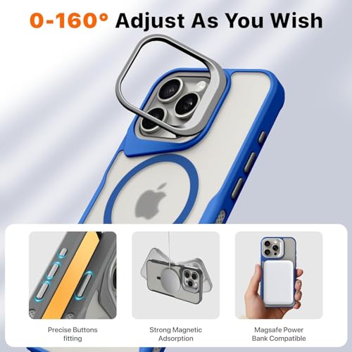 Image of eller sante Roxane Magpro Back Cover Case for iPhone 16 Pro Scratch Resistant Camera Screen Protector TPU Shockproof with Stand Holder Mag-Safe Wireless Charging- Blue