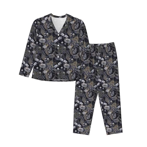 Pyjama manches longues libellules grises avec pantalon à taille élastique pour femme