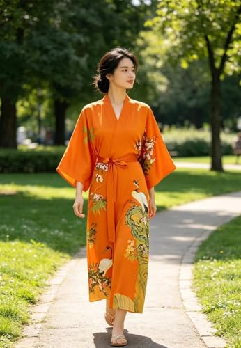 Image of Women's Classic 100% Silk Kimono Robe, Bathrobe-Printed Pattern