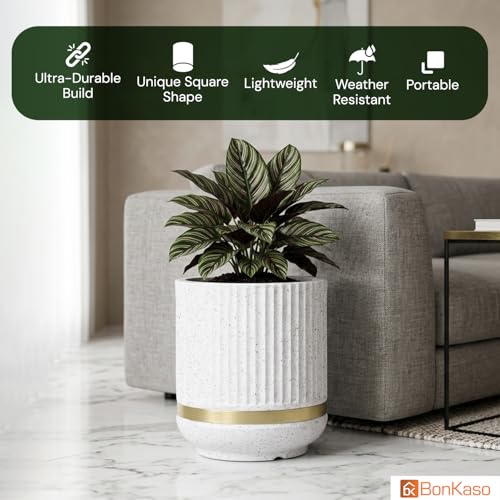 Image of BonKaso 14 Inch Tower Plant Pot for Indoor & Outdoor | Modern Lightweight Polymer Planter | Weather, UV & Frost Resistant | Ideal for Living Room, Balcony, Office & Nursery (White)