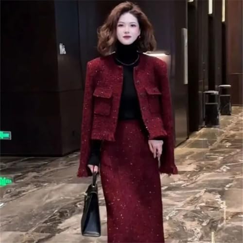 Women's Woolen Sequin Short Tassel Patchwork Midi Skirt 2-Piece Elegant Party Outfits Suit4