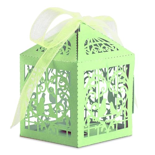 Trimming Shop Lot de 50 boîtes à dragées de mariage avec ruban en organza découpé au laser pour bonbons, chocolats, bonbons, décoration de fête...
