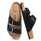 FITORY Mens Leather Sandals, Arch Support Slides with Double Buckle Adjustable Straps & Cork Footbed for Summer Black Size 9.5