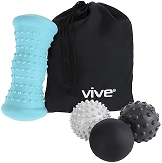 Vive Massage Ball Set (4 Piece) - Foot Pain Hot Cold Therapy Kit - Plantar Fasciitis, Heel Spur, Sore Muscles, Trigger Point - Back, Arm, Neck, Shoulder, Leg Circulation Roller - PT Spike Massager