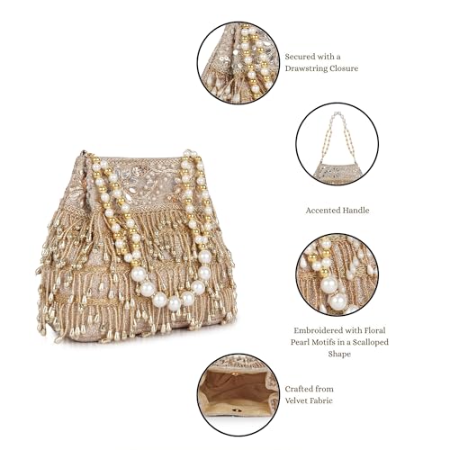 Image of Nevis PU Silk Women's Pearl & Bead Embellished Potli Bag with Beaded Handle | Designe Wedding & Festive Handbag
