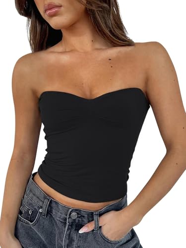 FOFAINWE Damen Sexy Trägerlos Röhrenoberteile Rückenfrei Bandeau Ärmellos Basic Ausgehen Tops Sommer Tank Top(Black,M)