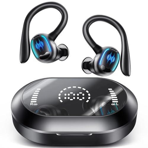 Wireless Headphones, 50H Bluetooth 5.3 Earphones with CVC Noise Cancelling Mic, Deep Bass Wireless Earbuds, Dual LED Display, IPX7 Waterproof, Sports Ear buds with Ear hooks for Running, Gym