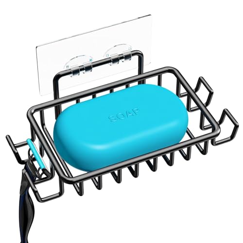 Image of Strong Self Adhesive Wall Mounted Bath Soap Holder with 4 Hooks for Bathroom Kitchen Wash Basin, 304 Stainless Steel, Waterproof, RustProof, Quick Drying (3, Black)
