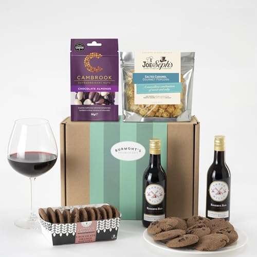 Burmont's Red Wine & Chocolate Gift Hamper - Two Small Red Wines, Joe & Seph's Popcorn, Cambrook Chocolate Almonds & Premium Chocolate Chip Biscuits - Hamper Exclusive To Burmont's