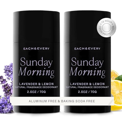 Each & Every Aluminum Free Deodorant for Women & Men, Lavender & Lemon - All Natural Deodorant for Sensitive Skin, EWG Verified - Clean, Baking Soda-Free, Plant-Based Fragrance - 2.5oz, 2 Pack