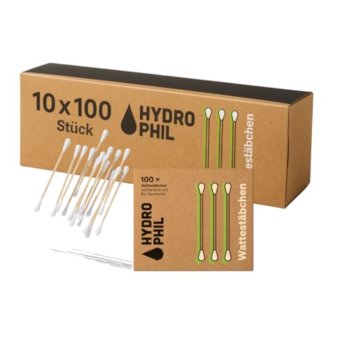 HYDROPHIL Wattestäbchen aus Bambus & Bio-Baumwolle – 1000 Stück – plastikfrei, biologisch abbaubar, nachhaltig & vegan – Bambus Wattestäbchen für Ohren, Make-up & Hygiene