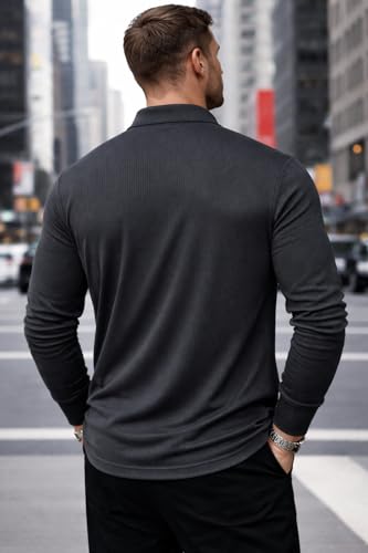 Image of Mack Jonney Men's Premium Ribbed Half-Zip Polo T-Shirt | Long Sleeve Soft Stretch Fabric | Stylish Casual & Smart Wear Top-M6783