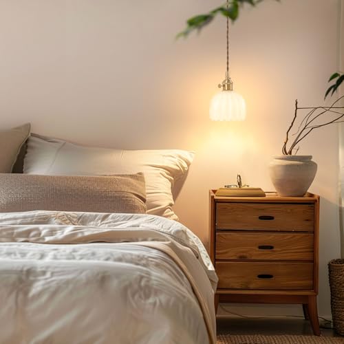 Image of Shenmoyl Pendant Light with White Tulip Glass Lmapshade, Brass Vintage Pendant Light Adjustable Hanging Light for Kitchen Island Dining Room Hallway