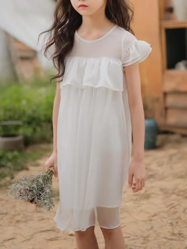 New 4-12Years Girls White Dress Boho Flutter Sleeve Flowy A-Line Tulle Party Dress3