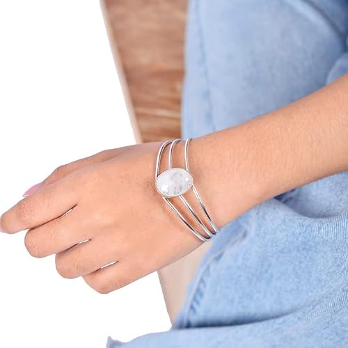 Spirit Wrist Rose Quartz, White Moonstone, Black Onyx & Turquoise, Triple Tapering Thin Band 925 Sterling Silver Gemstone Cuff Bracelet Elizabeth (Moonstone) #TOP5