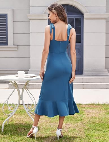 Image of Aupuls Women Straps Adjustable Wedding Guest Dress with Slit Midi Ruffle Cocktail Prom Bridesmaid Formal Dresses