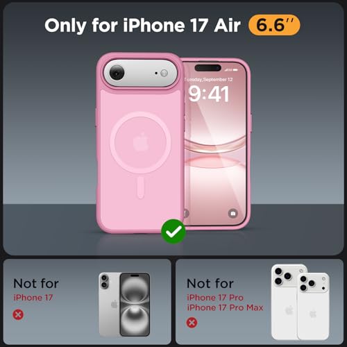 Image of Miracase Magnetic for iPhone Air Case with Screen Protector(Compatible with MagSafe), Slim Thin Translucent Matte Military-Grade Protected Phone Cover for iPhone 17 Air 6.5 inch, Light Pink