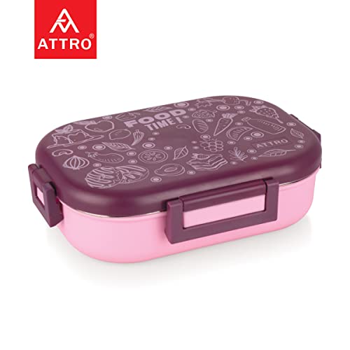 Image of Attro Food Time Stainless Steel Lunch Box, Airtight & Leak Proof - 2 Containers with Spoon (Big 750 Ml & Small 250 Ml) for Office Use, School, Picnic - Purple & Pink