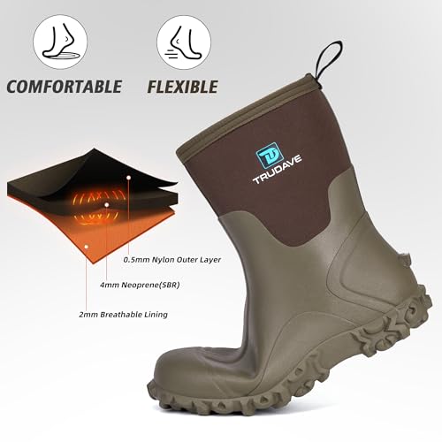 Image of Trudave Rubber Boots for Men, 6mm Neoprene Insulated Mud Boots with Steel Shank, Men's Mid Calf Waterproof Rain Boots,Anti-Slip Rubber Work Boots for Farming Gardening Fishing,Size 7-13