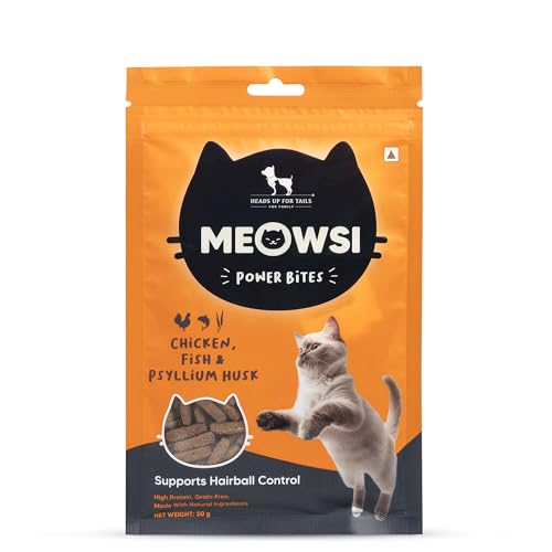 Meowsi by HUFT Power Bites Cat Treats – Chicken, Fish & Psyllium Husk – 50 gm | Pack of 5 | Healthy Treats for Cats & Kittens | Supports Digestion | for Persian Cats & All Breeds | Crunchy Bites
