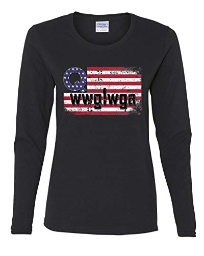 Distressed Q American Flag WWG1WGA Women's Long Sleeve Tee Deep State Patriotic Black XL