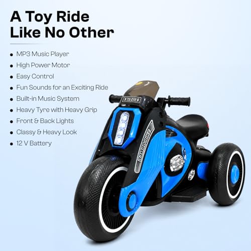 Image of Toyzone Rambo Electric Bike - Blue | 12V Rechargeable Bike for Kids with 4.5Ah Battery | LED Lights, Music, MP3 | Smooth Acceleration | 6M Battery Warranty | for Big Kids Age 4-12 Years, Up to 35kg