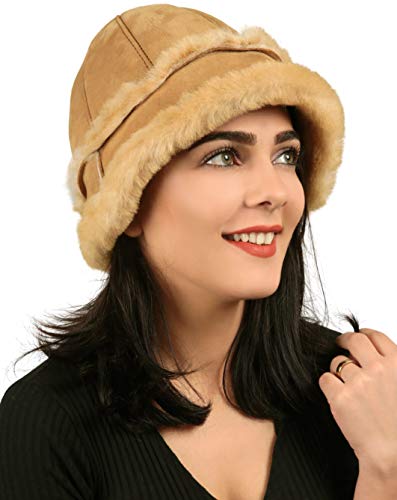 Zavelio Women's Shearling Sheepskin Winter Fur Bucket Beanie Hat Tiping