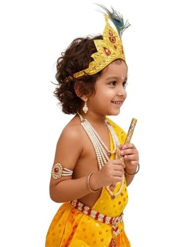 Image of BookMyCostume Polyester Krishna Yellow Polka Dot Costume Dhoti Patka with Heavy Pearl Jewellery and Mukut Set - Janmashtami Dress Costume for Baby Kanha - Boys & Girls 1-2 Years