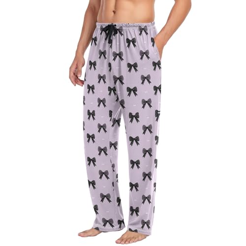 Men’s Black Bows Pajama Pants with Pockets, Comfortable Lounge Sleep Bottoms#5714