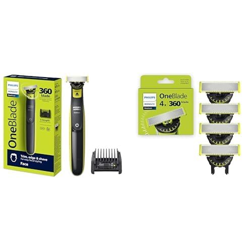 Philips Norelco OneBlade 360 Face Hybrid Electric Trimmer & Shaver, QP2724/90 with Philips Norelco OneBlade 360 Replacement Blades, 4 Pack, QP440/80 - Precision & Comfort