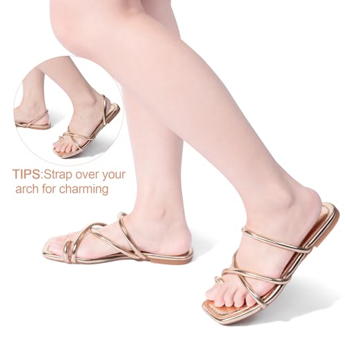 Image of FITORY Women's Slide Sandals Flat Toe Ring Thongs with Cross Strap for Summer Size 9 Gold