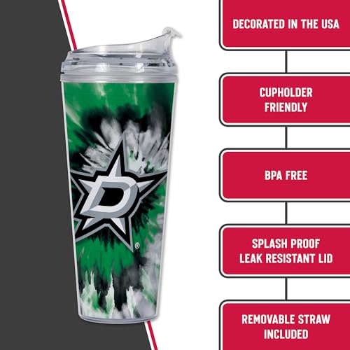 Image of Rico Industries NHL Hockey Team Color Tie Dye 24oz Metallic Acrylic Tumbler with Hinged Lid, Officially Licensed Double Wall Tumbler with Straw