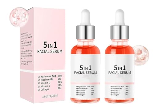 Sérum de vitaminas para la piel, sérum reafirmante antiarrugas 5 en 1, esencia reafirmante lifting de arrugas con ácido hialurónico, nutritivo e hidratante, reduce las líneas finas,2pcs
