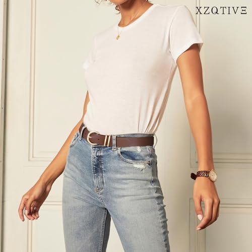 XZQTIVE 2 Pack Womens Leather Belts for Jeans Dress Pants Fashion Plus Size Ladies Black Waist Belt with Gold Buckle3