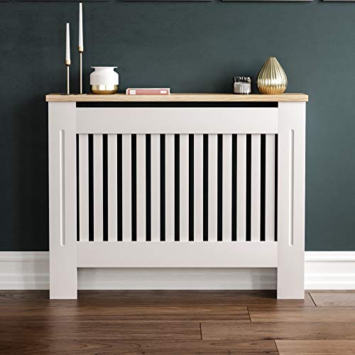 Vida Designs Arlington Radiator Cover White - Medium - Modern Shaker Style Vertical Slat Design For Optimal Heat Circulation - H83.3xW111xD19cm - Painted MDF Cabinet with Wood Top Shelf