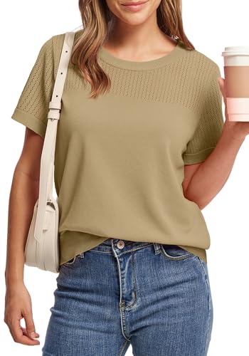 Image of WIHOLL Short Sleeve Sweater for Women Trendy Summer Tops 2026 Early Spring Fashion Business Casual Outfits