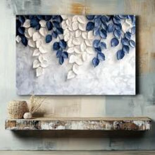 Peinture sur toile chambre à coucher tableau feuilles bleues 80x120 - 3