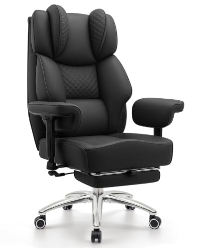 Image of Big and Tall Office Chair, Computer Desk Chair with FootRest, Black | High Back Leather Gaming Chair with Lumbar Support, Heavy Duty Ergonomic Executive Office Chair for Home Office Gaming