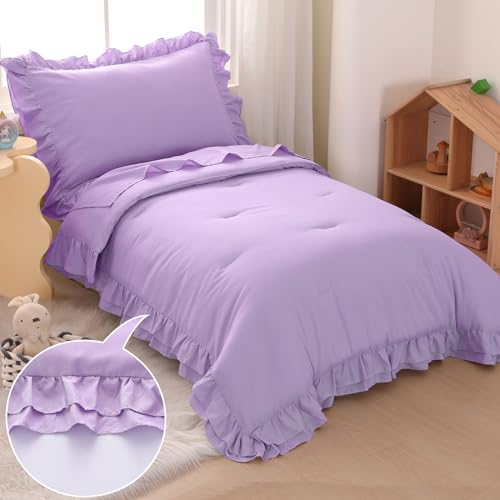 Image of Toddler Bedding Set for Girls, 4 Piece Double Ruffles Soft and Breathable Toddler Bed Sheets with Boho Toddler Comforter, Fitted Sheet, Flat Sheet and Pillowcase, Purple