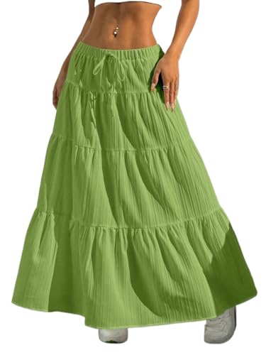 Solid Color Waist Tie Ruffle Hem A-Line Skirt Basic Women's Summer Casual Vinage Skirt