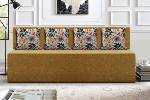 Image of Los Angeles Foldable Four Seater Sofa Cum Bed, Sofa Bed 6 X 6 Feet Jute Fabric Washable Cover- Including Cushion Perfect for Living Room - Golden